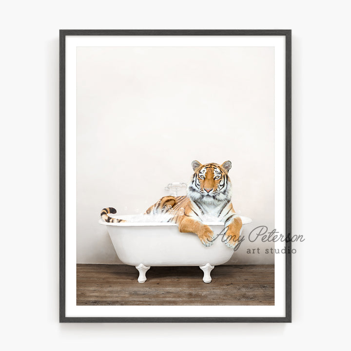 a picture of a tiger sitting in a bathtub