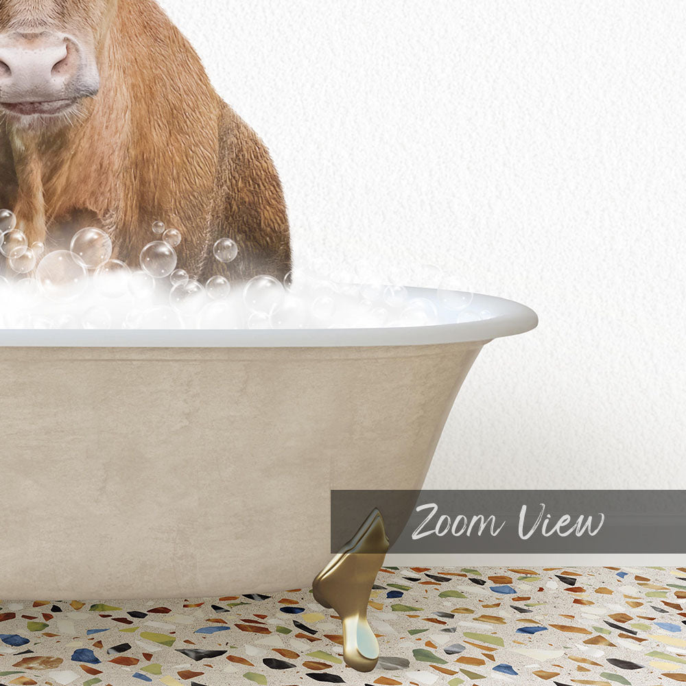 A brown cow is sitting in a bathtub filled with bubbles, with a text overlay that reads "Zoom View".
