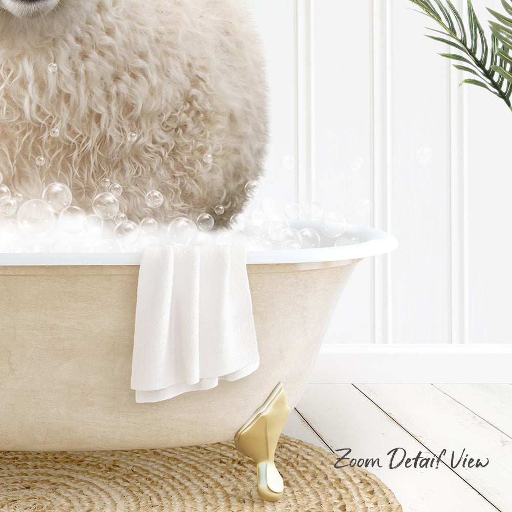 A fluffy white dog is sitting in a bathtub filled with bubbles, with a towel and a plant nearby.