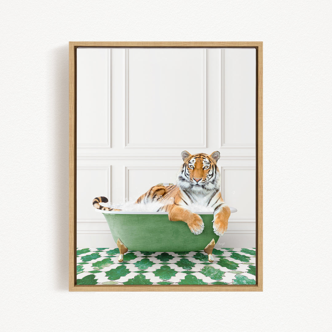 A tiger is sitting in a green bathtub, surrounded by a patterned green and white floor.