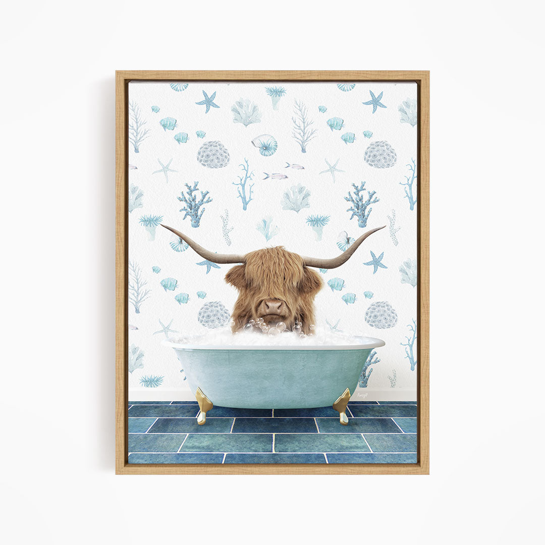 A brown cow with long horns is sitting in a blue bathtub filled with water, surrounded by a pattern of blue and white seashells and starfish.