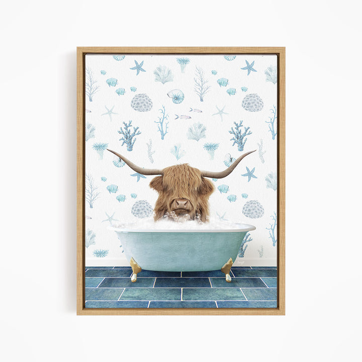 A brown cow with long horns is sitting in a blue bathtub filled with water, surrounded by a pattern of blue and white seashells and starfish.