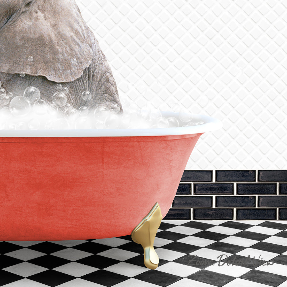A red bathtub filled with bubbles, with a large elephant sitting inside and enjoying a bath.