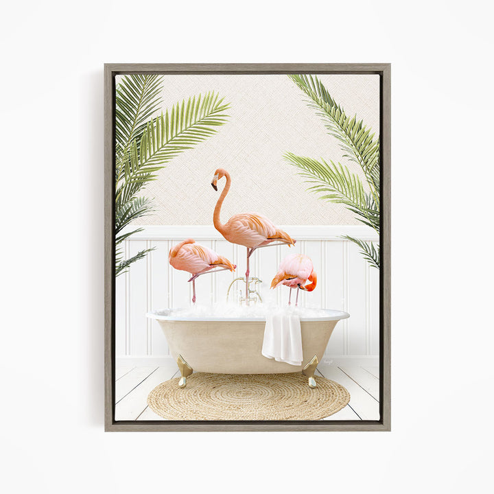 A framed image depicting three pink flamingos standing in a bathtub, surrounded by green palm leaves.