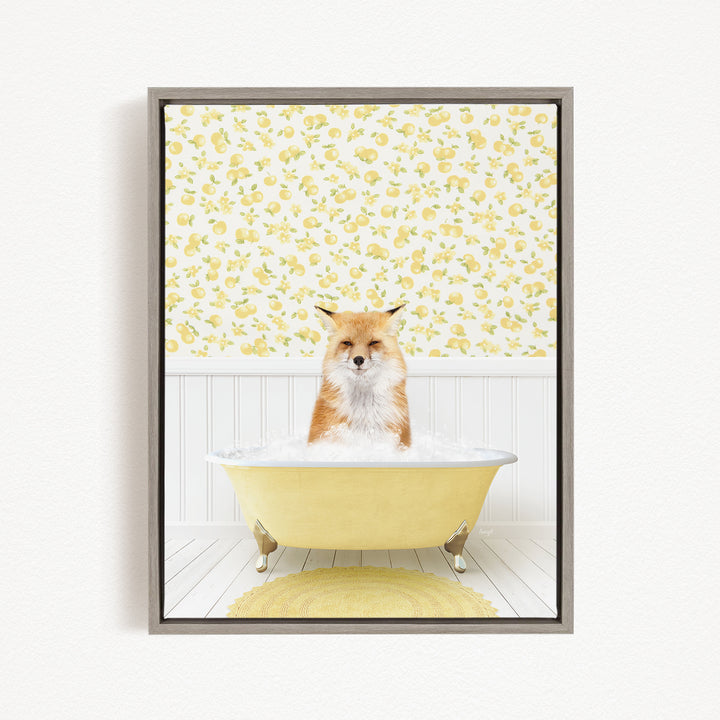 A fox is sitting in a yellow bathtub filled with bubbles, surrounded by a yellow and white floral patterned wall.