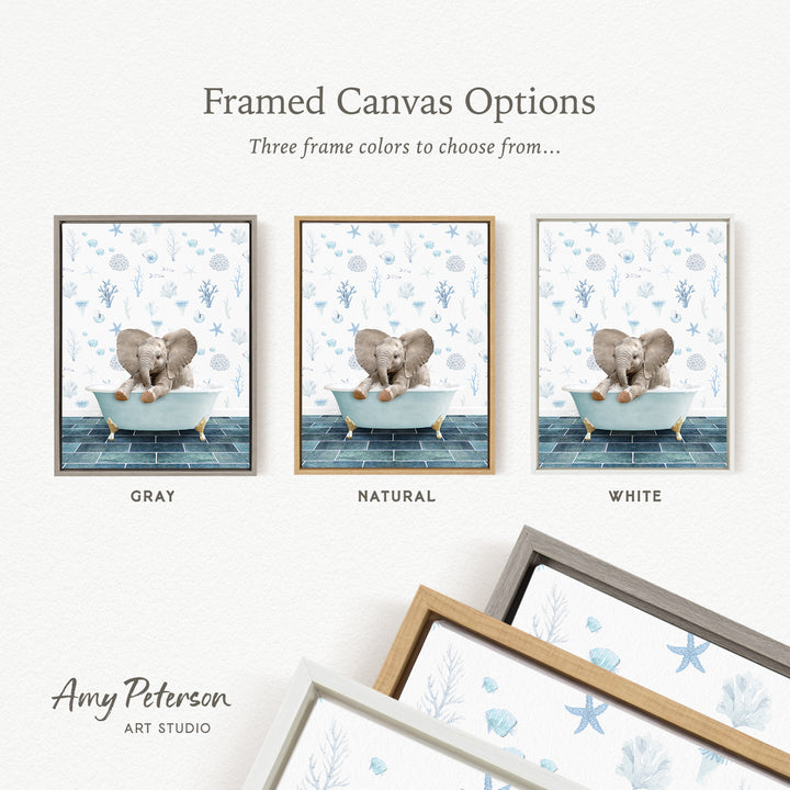 three framed canvas options, each featuring a different color and frame style. The options include a gray frame with a white and blue elephant bath, a natural frame with a white and blue elephant bath, and a white frame with a blue and white elephant bath.