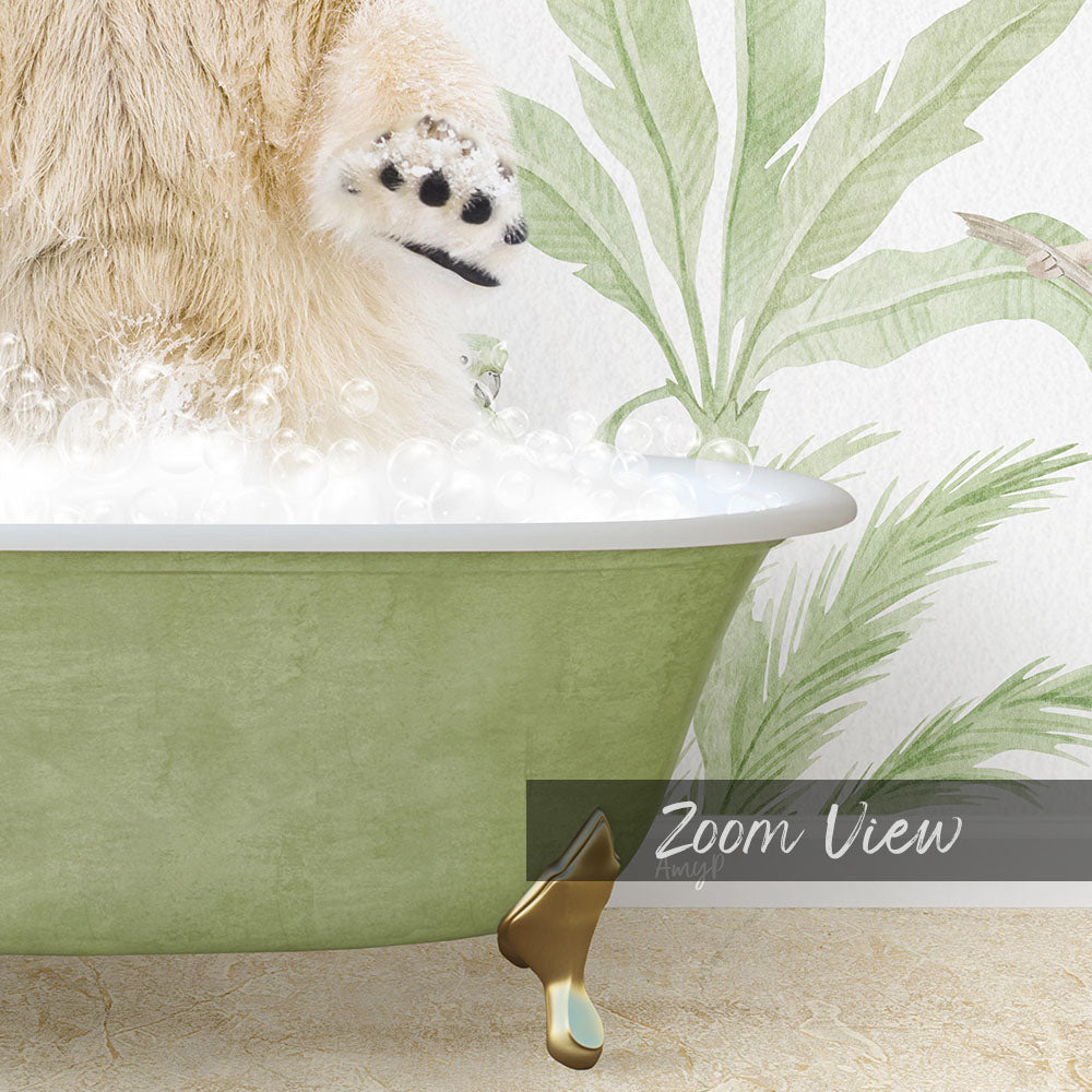 A cat is sitting in a green bathtub filled with bubbles, with its paw raised in the air.