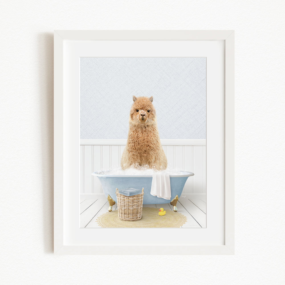 A fluffy brown dog sitting in a blue bathtub filled with bubbles, surrounded by rubber ducks and a basket.