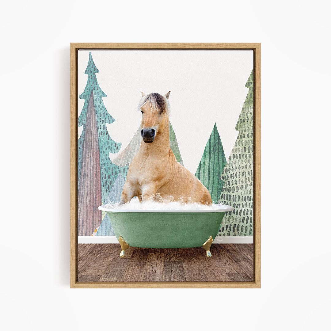 A light brown horse is sitting in a green bathtub, surrounded by a forest-themed background with trees and a snowy landscape.