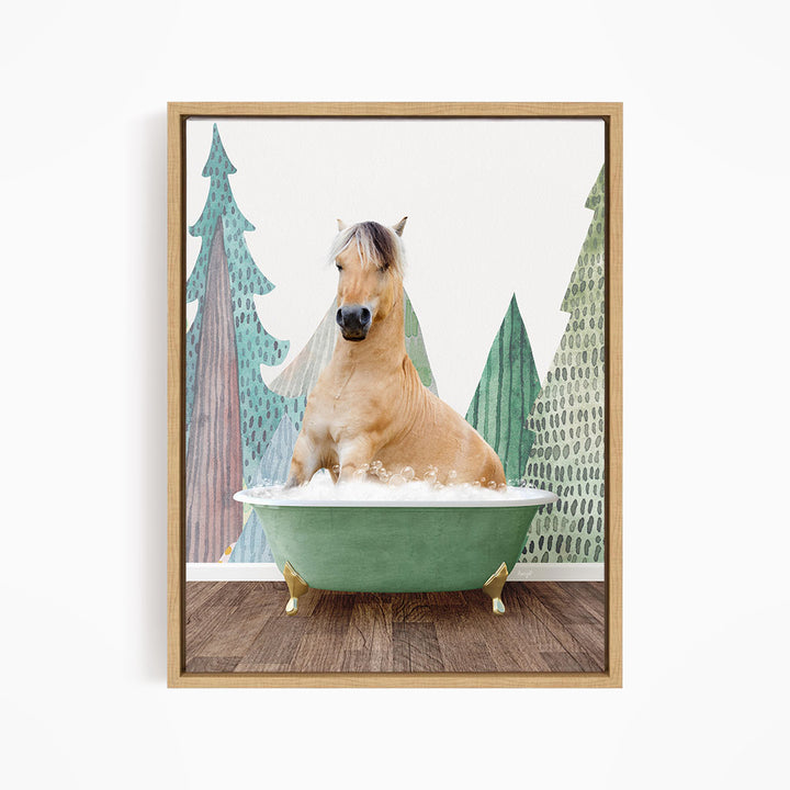 A light brown horse is sitting in a green bathtub, surrounded by a forest-themed background with trees and a snowy landscape.