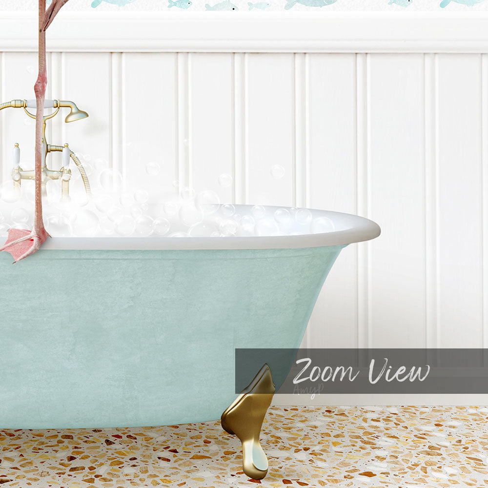 A vintage-style bathtub filled with water, with a gold claw-foot design, and a pink flower attached to the side. The image is taken from a "Zoom View" perspective, providing a close-up view of the bathtub and its surroundings.