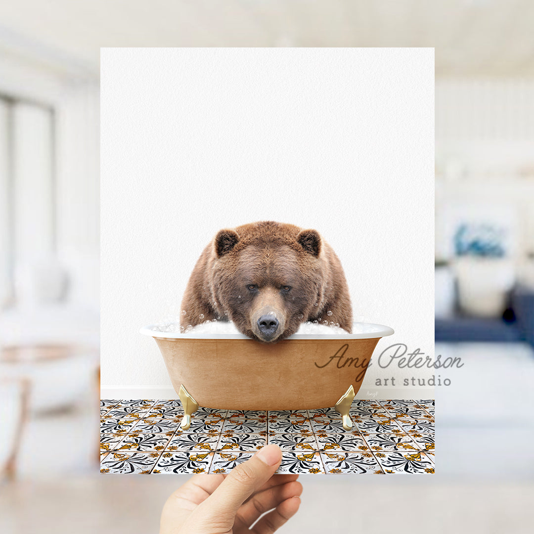 a person holding a card with a bear in a bathtub