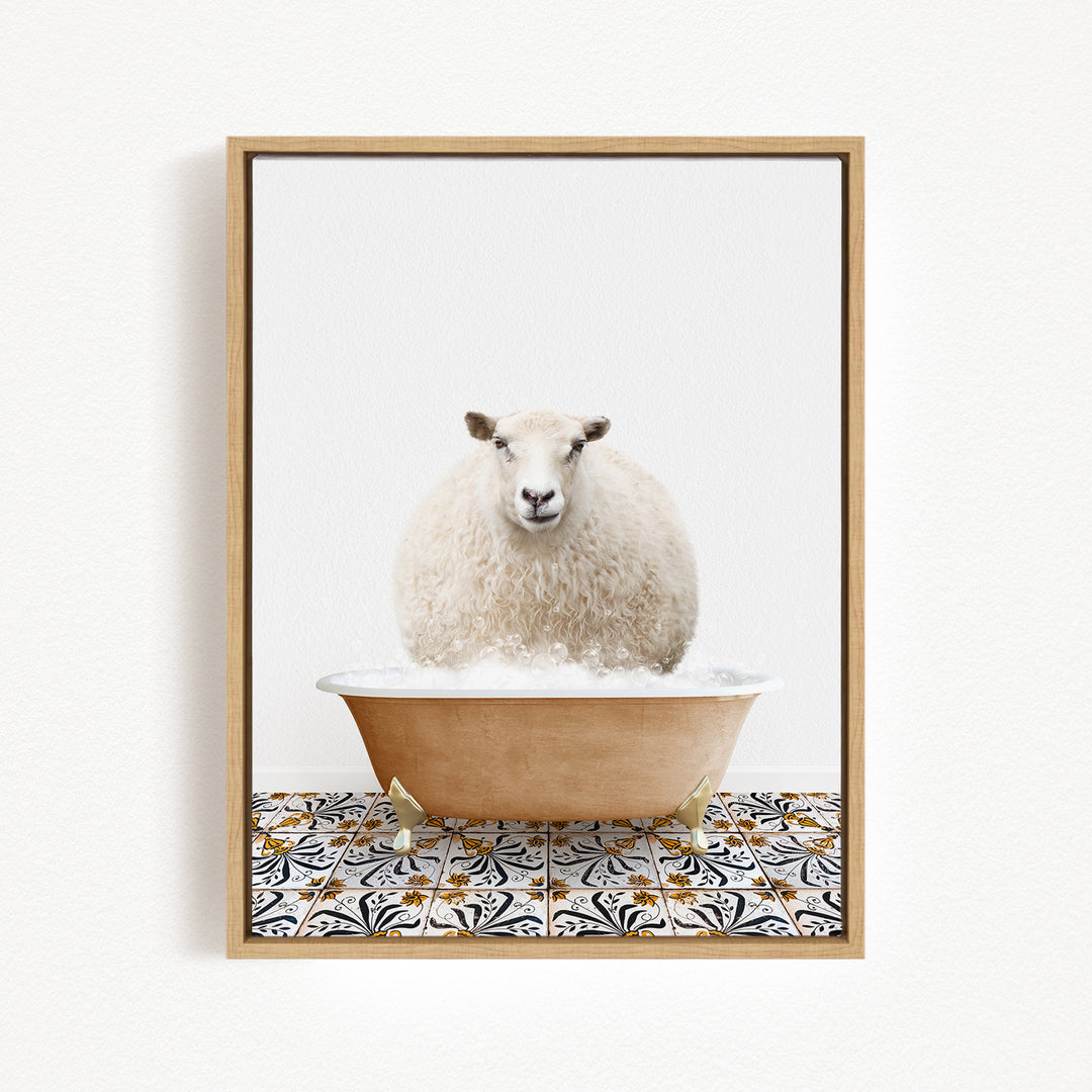 A fluffy white sheep is sitting in a bathtub filled with bubbles, creating a whimsical and playful scene.