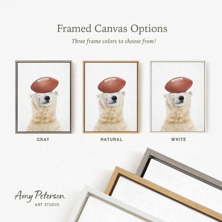 The image is a framed canvas option featuring three different colored frames, each containing a white polar bear wearing a football hat.