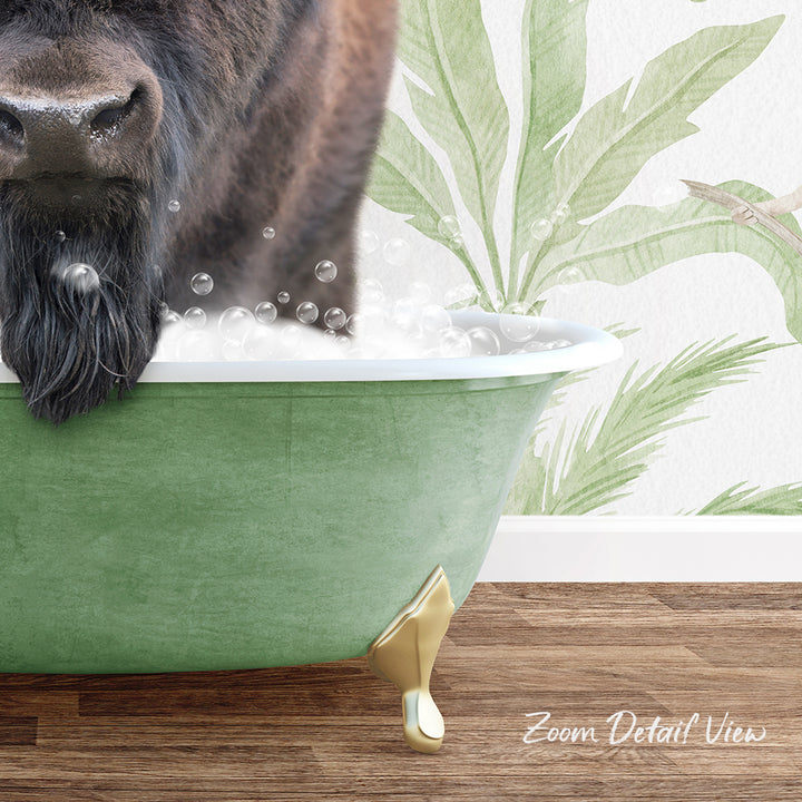 A dog is sitting in a green bathtub filled with bubbles, with a palm tree wallpaper in the background.