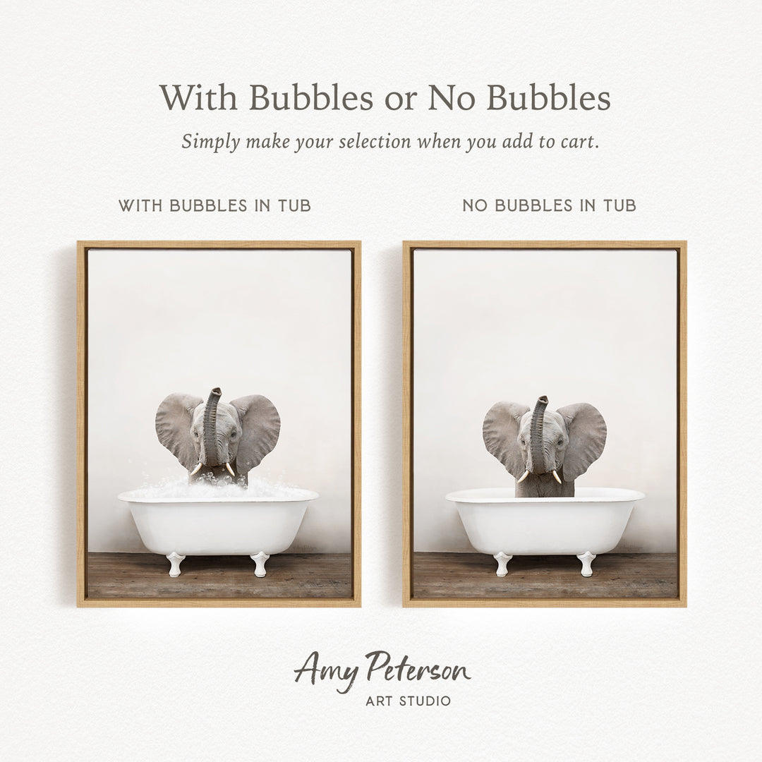 The image is a collage of two pictures, each featuring an elephant in a bathtub. The first picture shows an elephant sitting in a tub with bubbles, while the second picture shows an elephant sitting in a tub without bubbles. The text above the images reads "With Bubbles or No Bubbles Simply make your selection when you add to cart."
