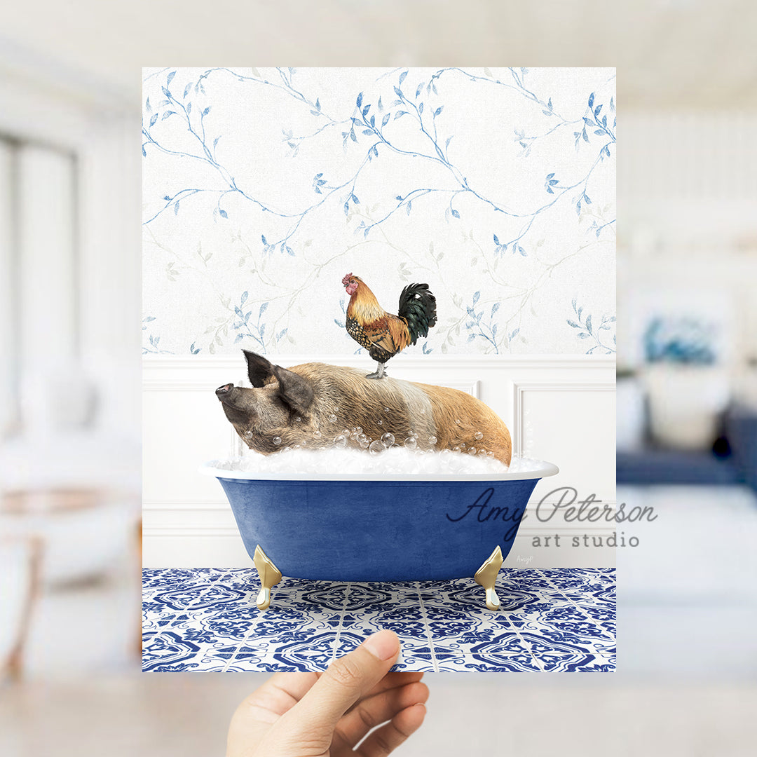 a person holding a card with a dog in a bathtub