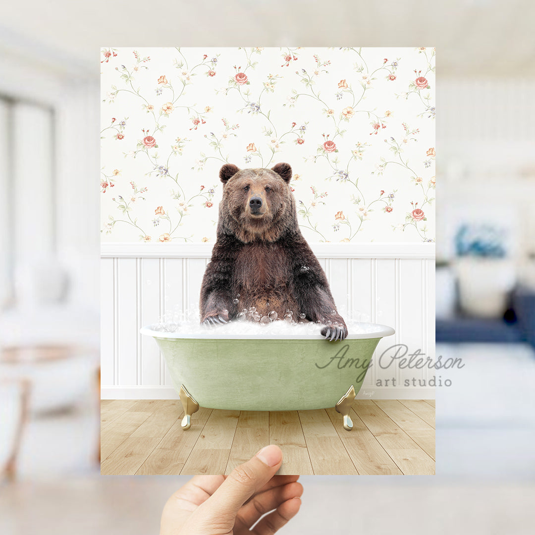 a bear sitting in a bathtub in a room