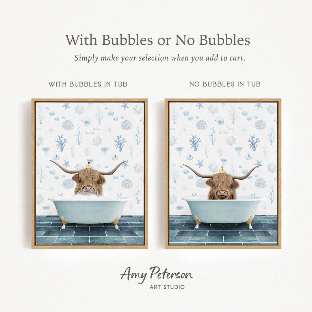 The image is a framed print featuring a cartoon image of a horned animal, likely a yak or a bull, sitting in a bathtub. The print has a text overlay that provides instructions for selecting the desired bathtub, either with bubbles or without bubbles.
