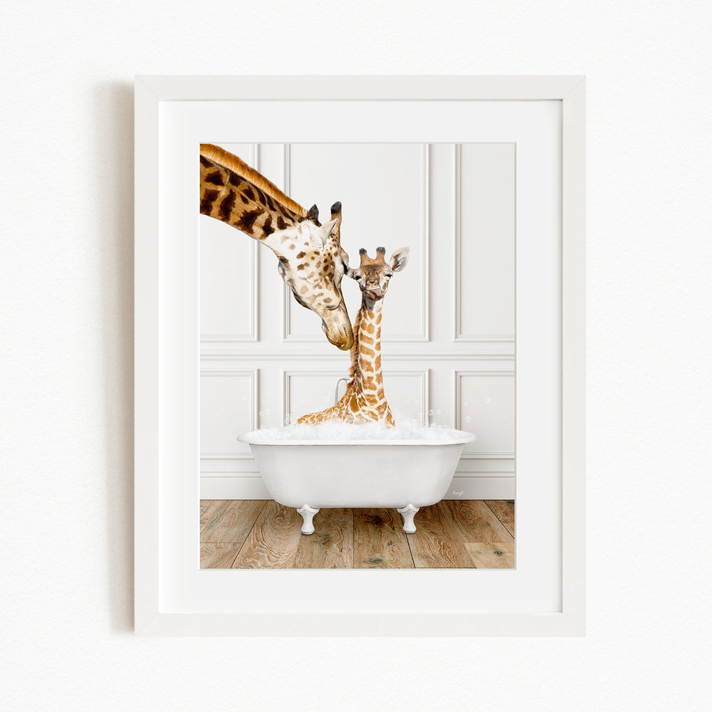 A mother giraffe and her baby giraffe are enjoying a relaxing bath in a white bathtub, with the mother gently licking her baby.