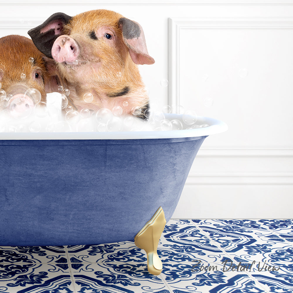 A pair of adorable pigs sitting in a blue bathtub filled with bubbles, creating a whimsical and playful scene.