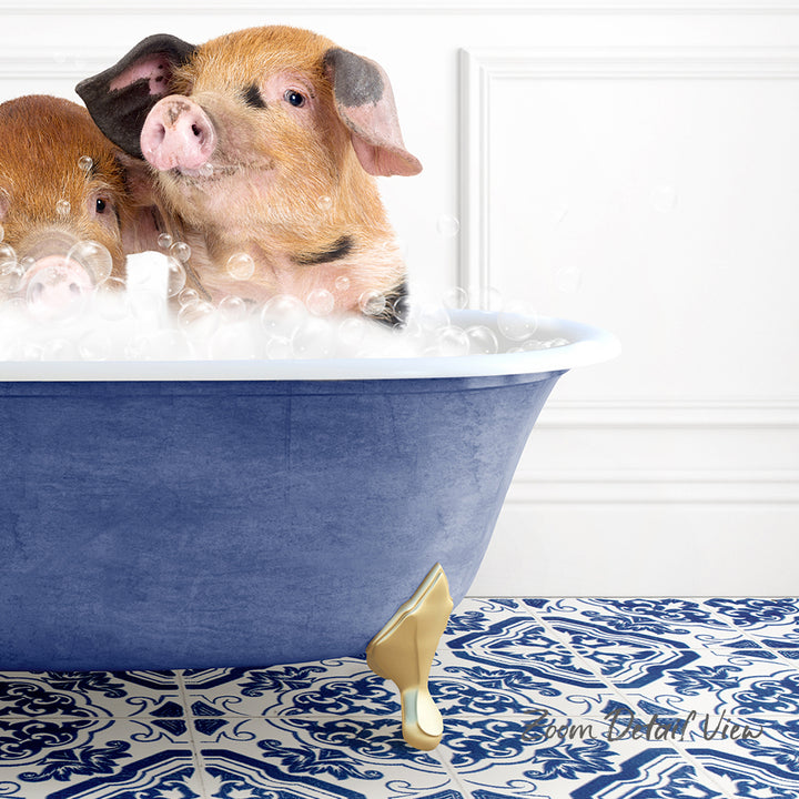 A pair of adorable pigs sitting in a blue bathtub filled with bubbles, creating a whimsical and playful scene.