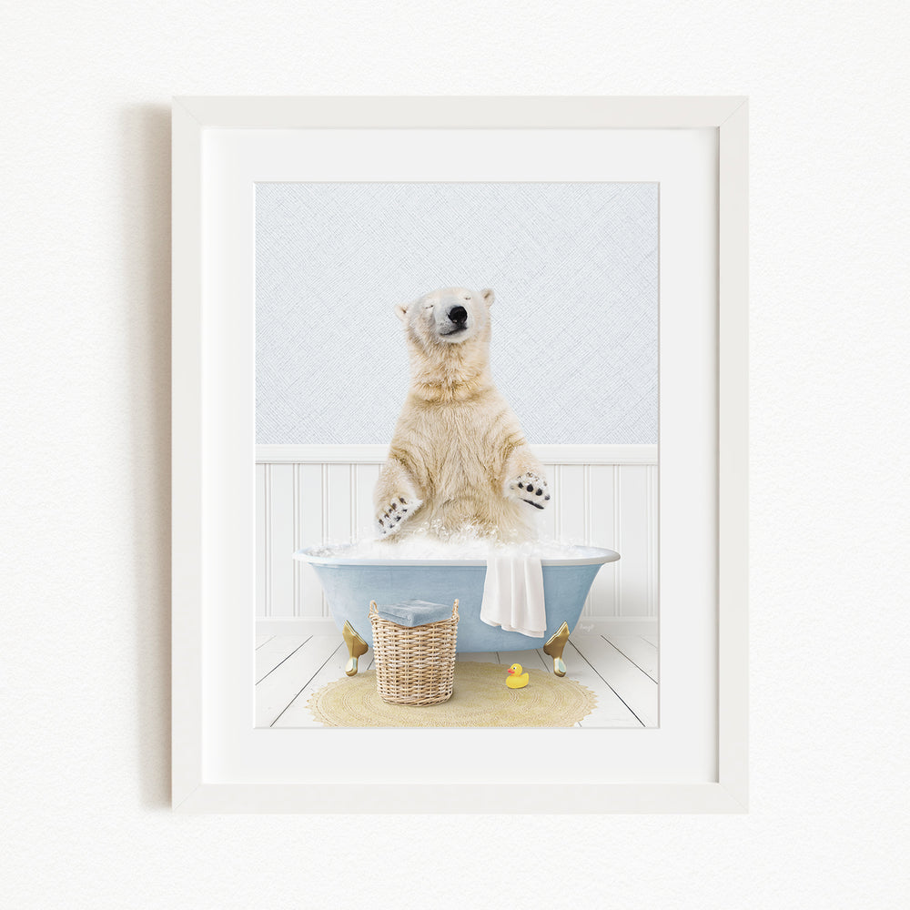A polar bear standing in a bathtub filled with water, surrounded by rubber ducks and a towel.