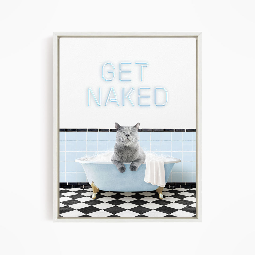 A gray cat sitting in a bathtub with a towel, and the text "GET NAKED" above it.