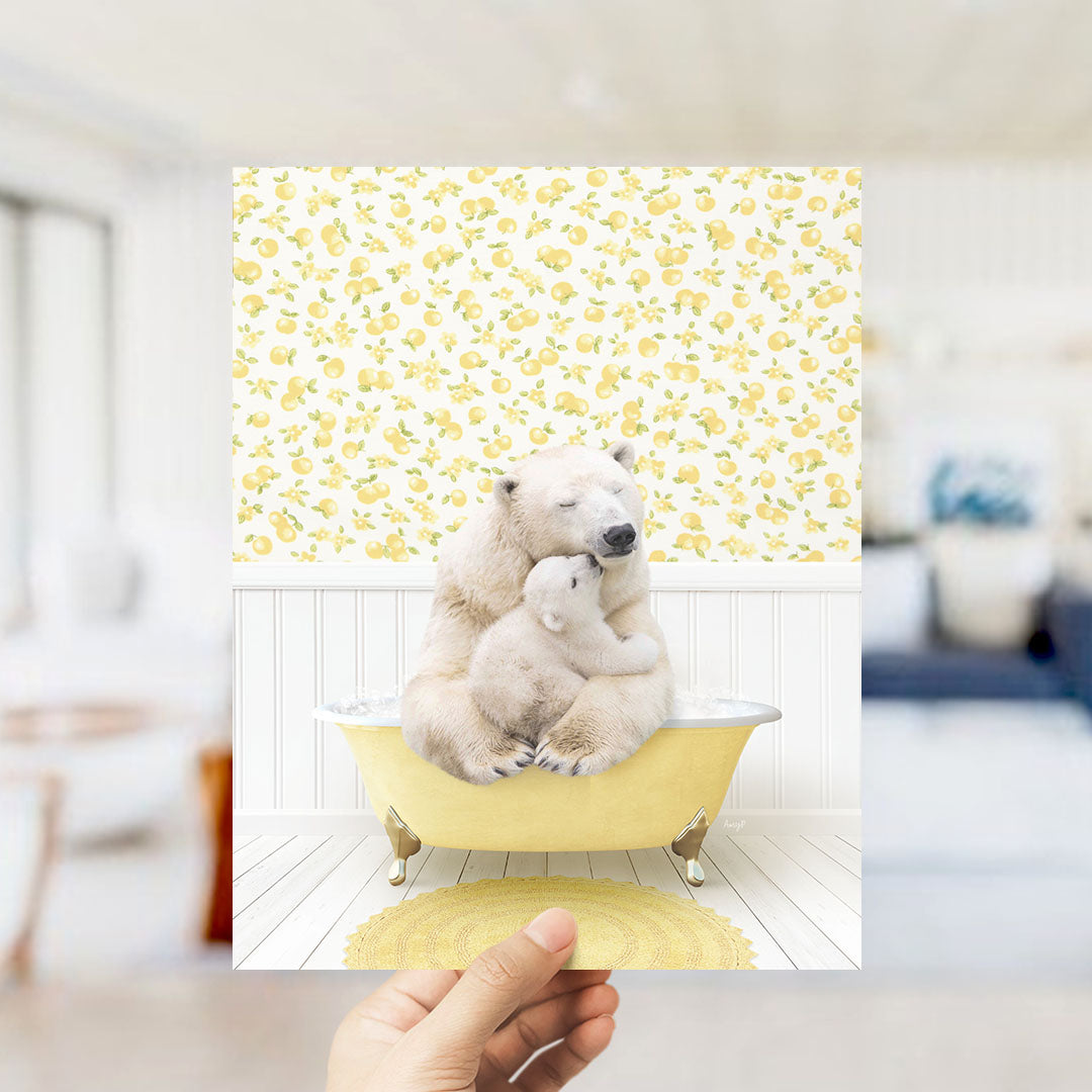 A polar bear is sitting in a yellow bathtub, with a baby polar bear nestled next to it, against a yellow and white floral wallpaper.
