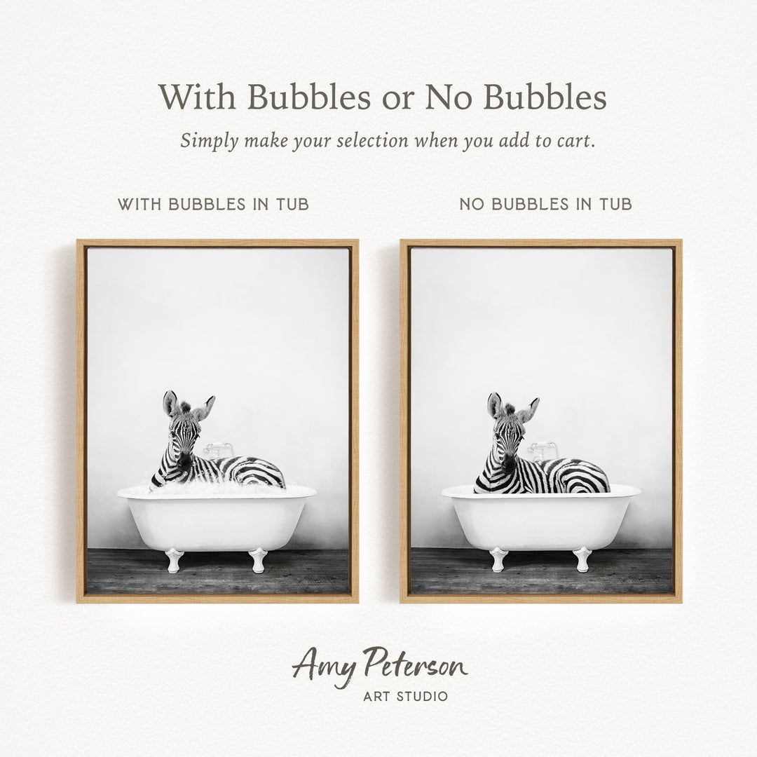 The image is a black and white photograph of a zebra lying in a bathtub, with the text "With Bubbles or No Bubbles" above the images.