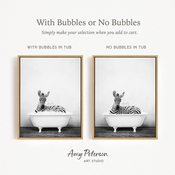 The image is a black and white photograph of a zebra lying in a bathtub, with the text "With Bubbles or No Bubbles" above the images.