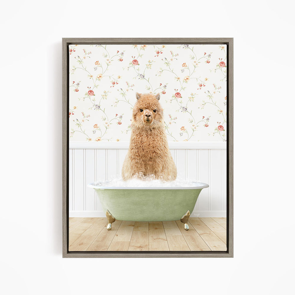 A fluffy brown dog sitting in a green bathtub filled with water, with a floral wallpaper in the background.