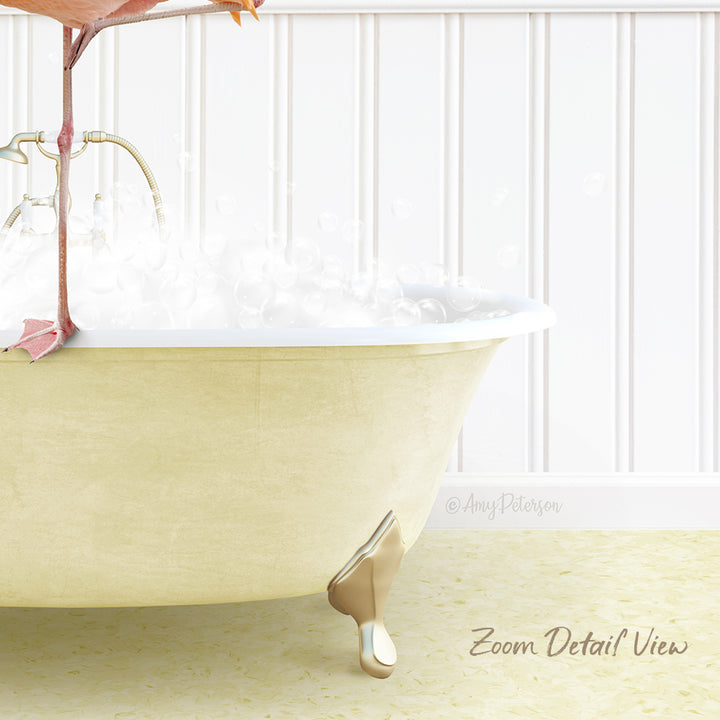 A white clawfoot bathtub filled with water and bubbles, with a pink bird perched on the side.