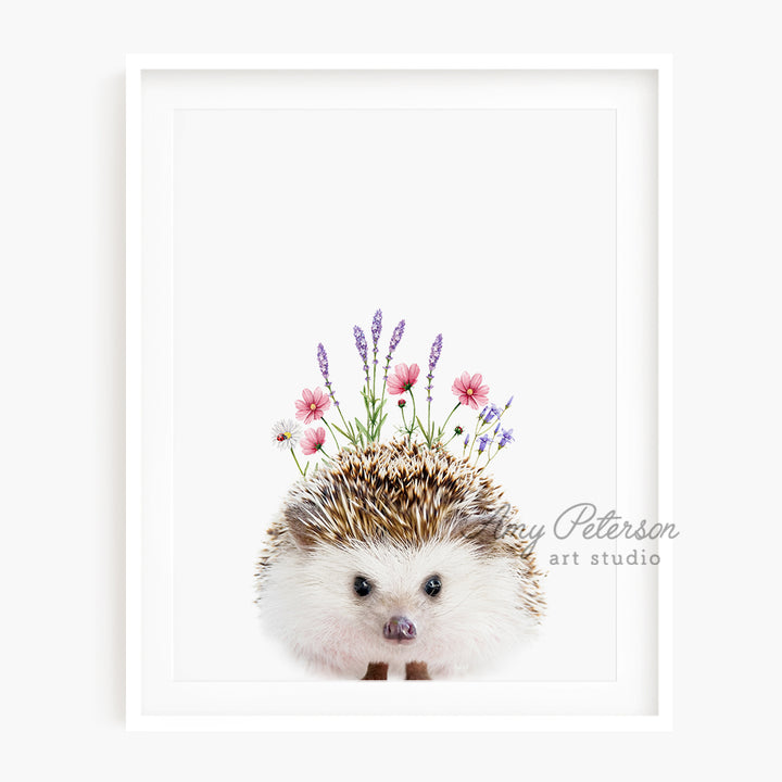 a picture of a hedgehog with flowers on it's head