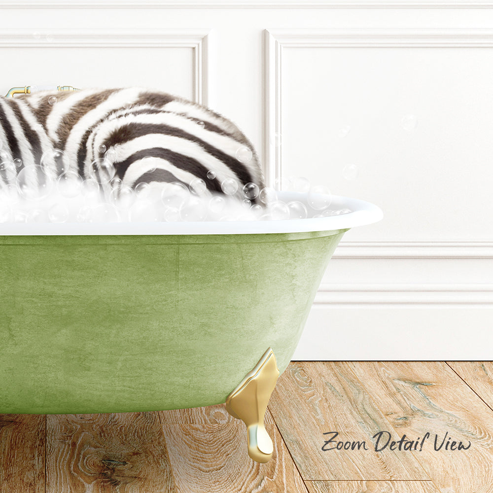A zebra standing in a green bathtub filled with bubbles, with a wooden floor visible in the background.