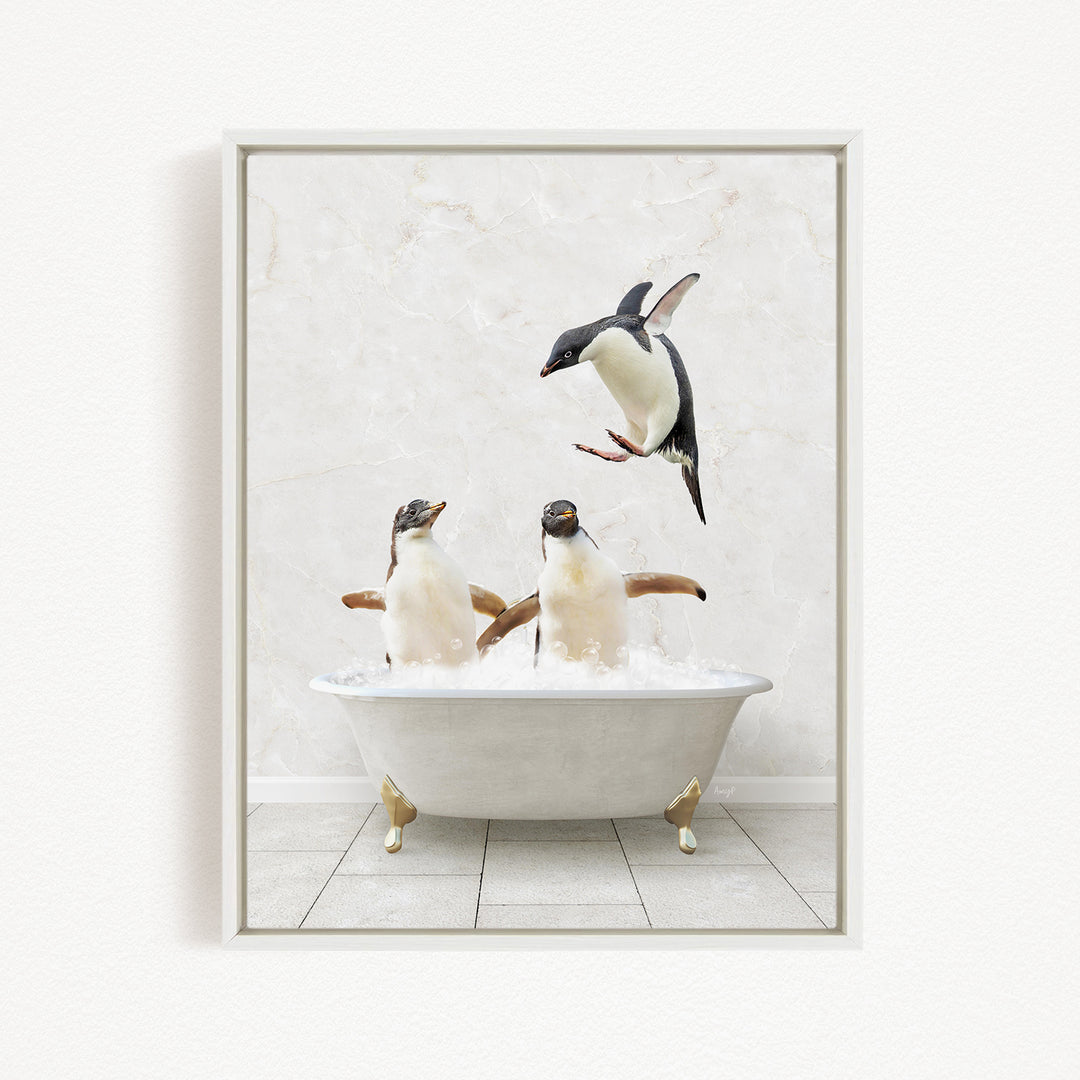 A framed image depicting two penguins sitting in a bathtub, with one penguin flying towards the other penguin.