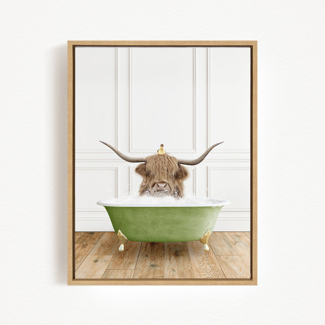 A Highland cow with large horns is sitting in a green bathtub filled with bubbles, creating a whimsical and playful scene.