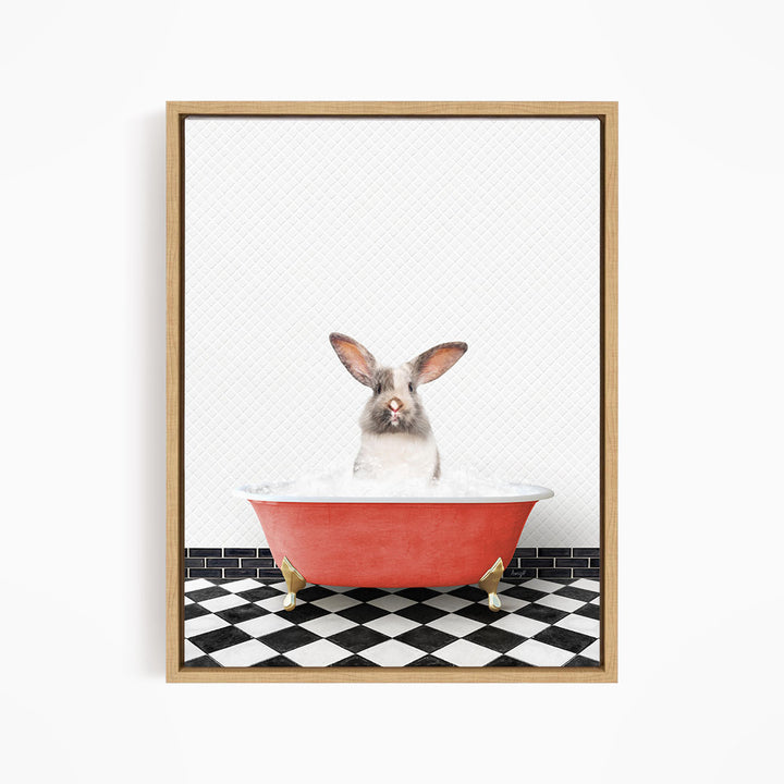 A white rabbit sitting in a red bathtub filled with water, with a black and white checkered floor in the background.