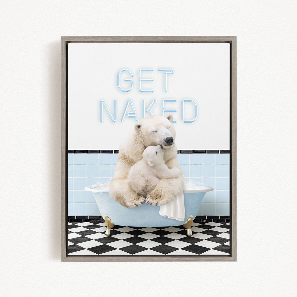 A polar bear sitting in a bathtub with a sign that says "GET NAKED" above it.