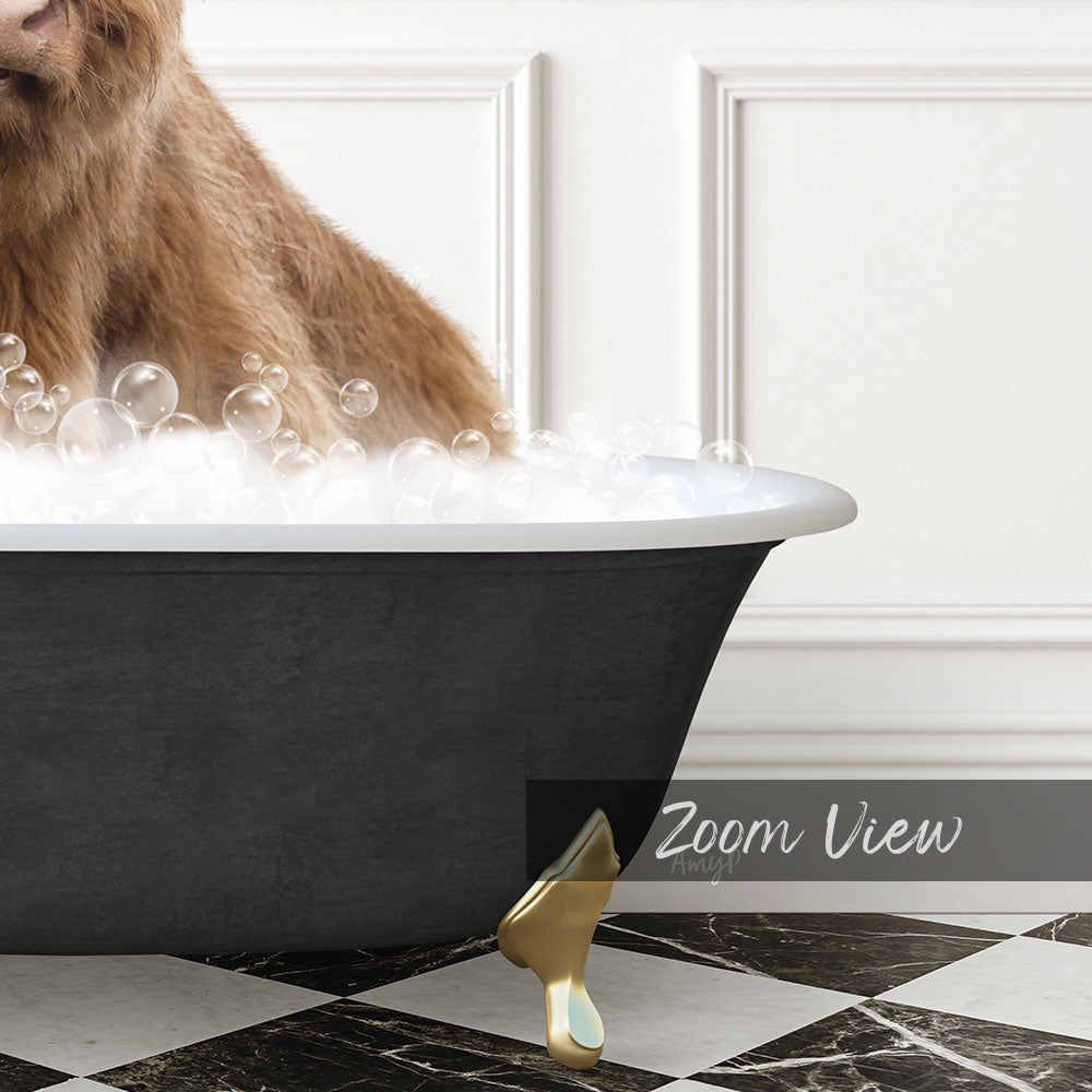 A close-up of a dog sitting in a bathtub filled with bubbles, with a black and white checkered floor and a gold bathtub faucet visible in the background.