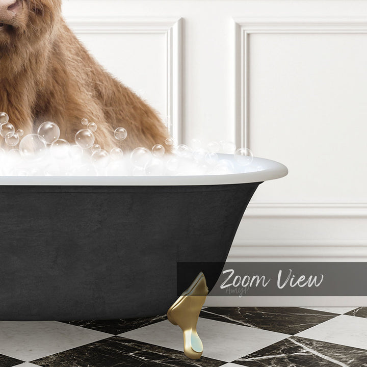 A close-up of a dog sitting in a bathtub filled with bubbles, with a black and white checkered floor and a gold bathtub faucet visible in the background.