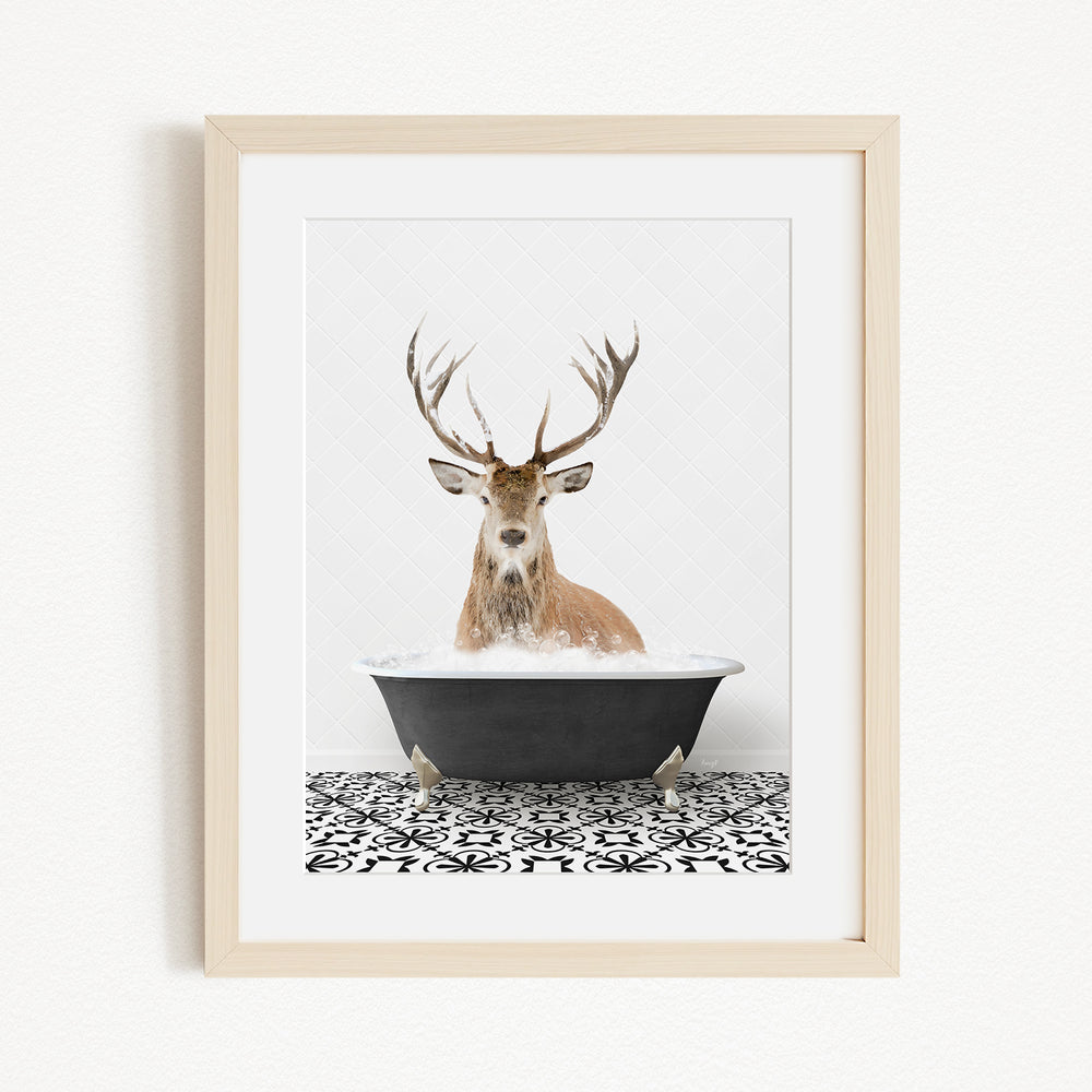 A deer with large antlers is sitting in a black bathtub filled with water, creating a whimsical and unexpected scene.