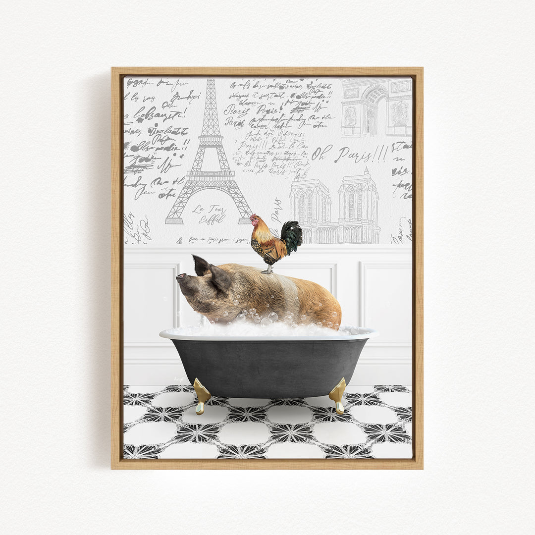 A pig sitting in a bathtub, with a rooster perched on its back, against a backdrop of the Eiffel Tower and other Parisian architecture.