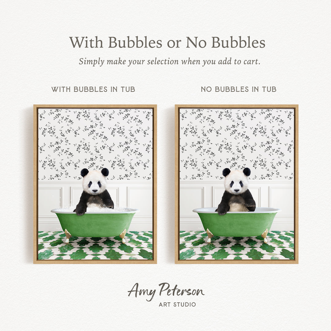 The image is a collage of two pictures featuring a panda bear sitting in a green tub. The panda bear is sitting on a green bathtub with a patterned design, and the background is a white wall with a floral pattern. The panda bear is sitting in the tub, and there are no bubbles visible in the tub.