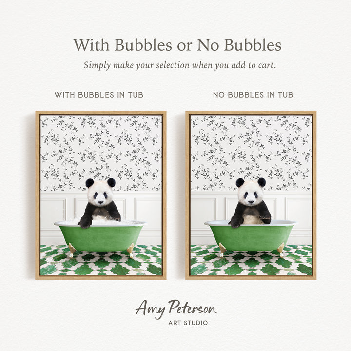 The image is a collage of two pictures featuring a panda bear sitting in a green tub. The panda bear is sitting on a green bathtub with a patterned design, and the background is a white wall with a floral pattern. The panda bear is sitting in the tub, and there are no bubbles visible in the tub.
