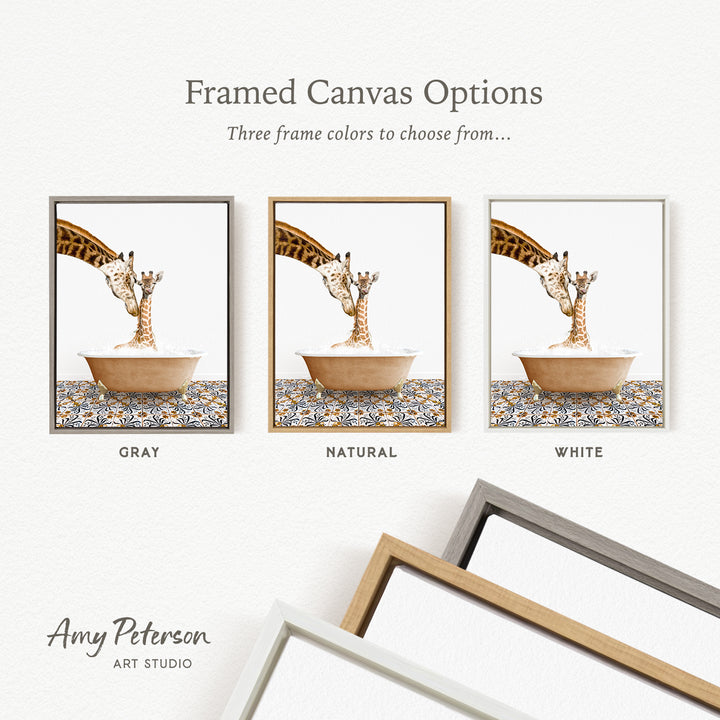 The image is a framed canvas option featuring three different colored frames, each containing a painting of a giraffe in a bathtub.