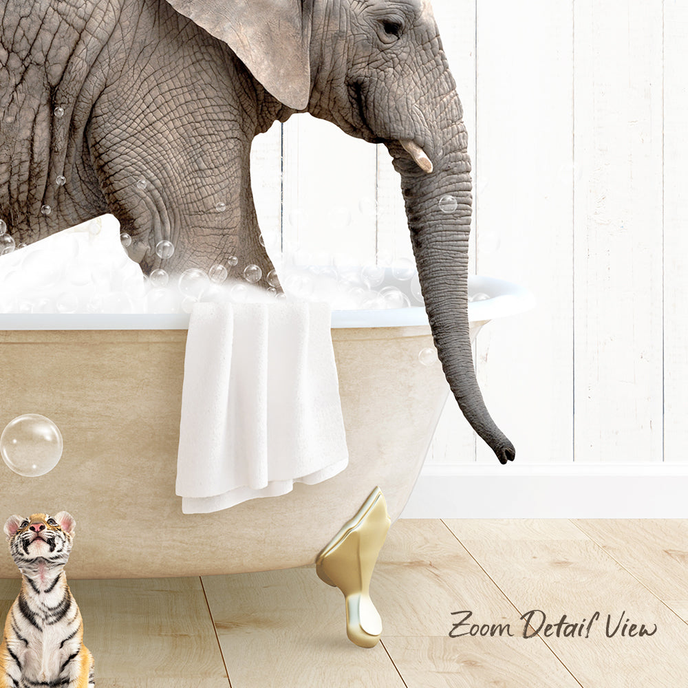 A large elephant is taking a bath in a bathtub, with a tiger standing nearby and a towel nearby.