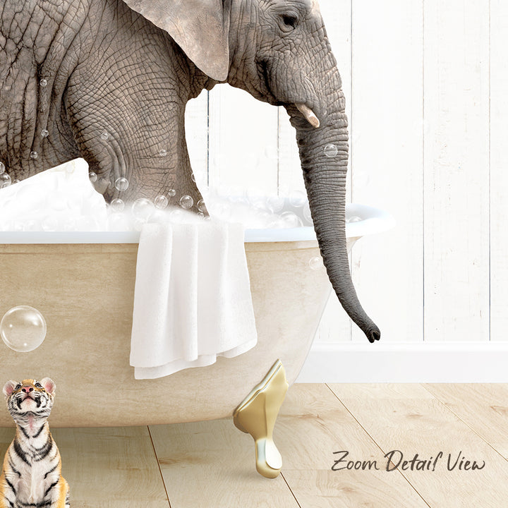A large elephant is taking a bath in a bathtub, with a tiger standing nearby and a towel nearby.