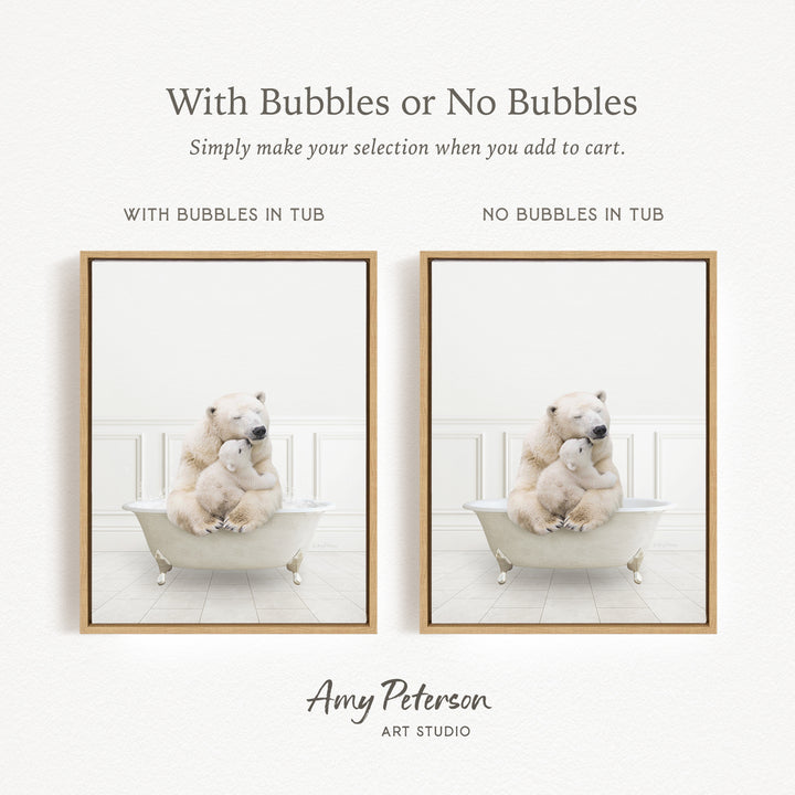 The image is a collage of two pictures, each featuring a polar bear and a baby bear sitting in a bathtub. The polar bear is sitting on the left side of the bathtub, while the baby bear is sitting on the right side. The polar bear is also holding a baby bear in its arms. The image does not contain any bubbles, and the polar bear and baby bear are sitting in a bathtub.