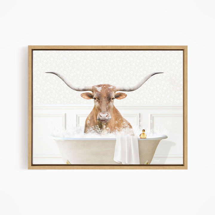 A bull with large horns is sitting in a bathtub filled with water, surrounded by bubbles.